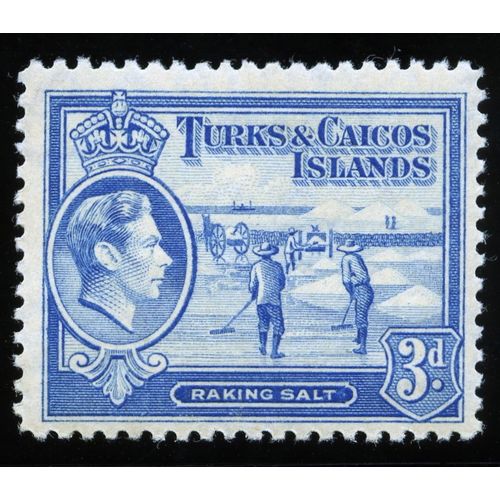 Turks & Caicos KGVI 1938 3d Bright Blue Mounted Mint MM SG200 postage salt stamp