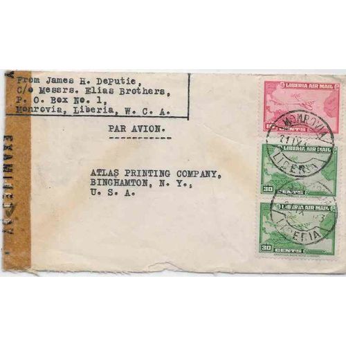 Liberia Africa Air Mail Combo 1943 Monrovia to New York USA CENSORED