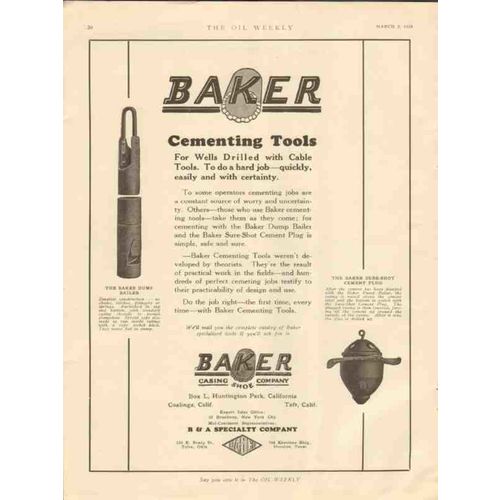 BAKER CASING SHOE CO 1928 Cementing tools oil wells drilled vintage ad