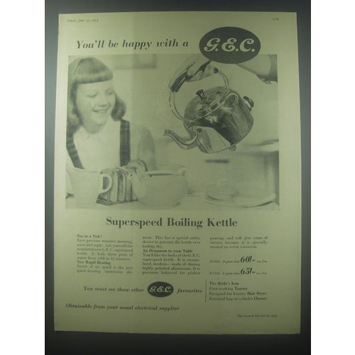 1954 G.E.C. Superspeed Boiling Kettle Ad - You'll be happy with a G.E.C.