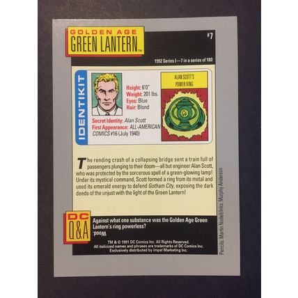 DC Cosmic Cards trading card #7-Golden Age Green Lantern, excellent condition!