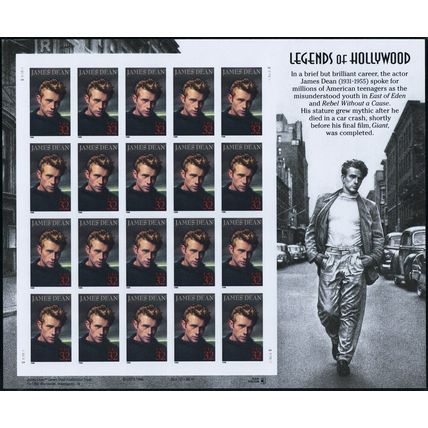 3082a, MNH 32¢ James Dean Complete Imperforate ERROR Pane of 20 .. Stuart Katz