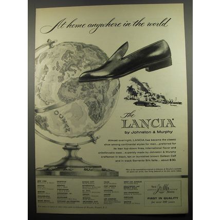 1955 Johnston & Murphy Lancia Shoes Ad - At home anywhere in the world
