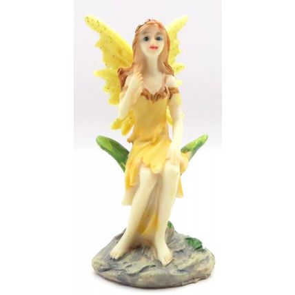 Sitting Fairy Ornament Figurine Yellow Dress & Yellow Wings 8.3 CM Gift Collect