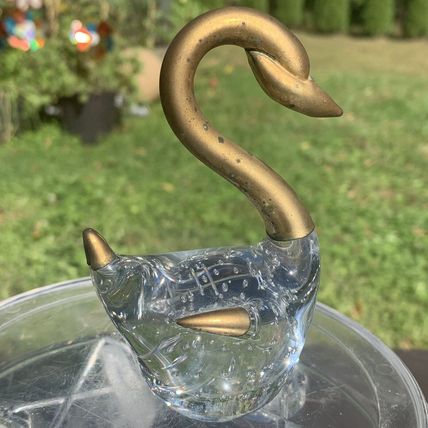 VTG Clear Glass Swan Figurine Paperweight Controlled Bubbles Brass Head Neck 4"