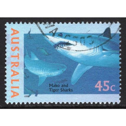 AUSTRALIA 1995: THE WORLD DOWN UNDER - 45c MAKO & TIGER SHARKS USED (G11)