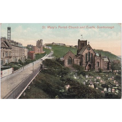 EC742 SCARBOROUGH - ST MARYS PARISH CHURCH AND CASTLE POSTCARD. PRINTED POSTCAR
