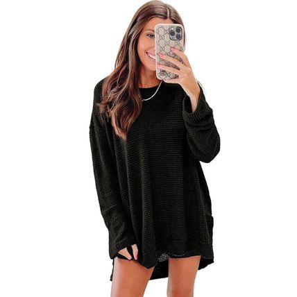 Black Waffle Knit High Slits Oversized Top