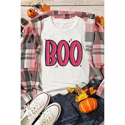 White BOO Crew Neck Graphic T Shirt