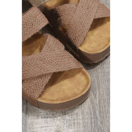 Brown Linen Woven Cross Criss Hollowed Slip-On Slippers