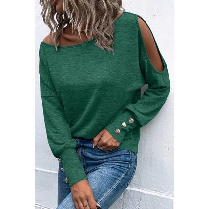 Green Asymmetrical Cut Out Buttoned Long Sleeve Top