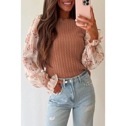 Golden Fleece Floral Patchwork Ruffled Cuff Cable Knit Sweater