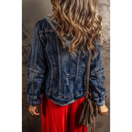 Dark Blue Fake Two-Piece Hooded Zip-Up Denim Jacket