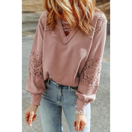 Pink Lace Waffle Patchwork Strappy V Neck Long Sleeve Top