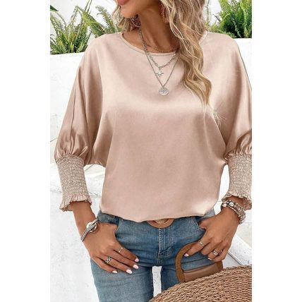 Smoke Gray Shirred Dolman Sleeve Satin Blouse