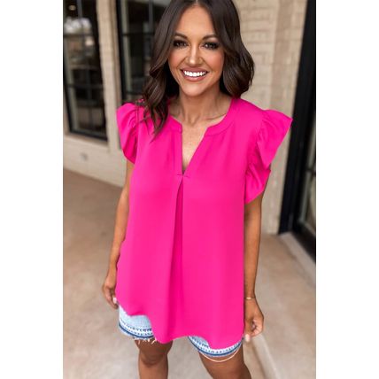 Rose Red Notched Neck Ruffle Sleeve Blouse
