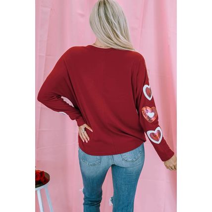 Red Sequined Heart Printed Sleeves Valentine Fashion Top