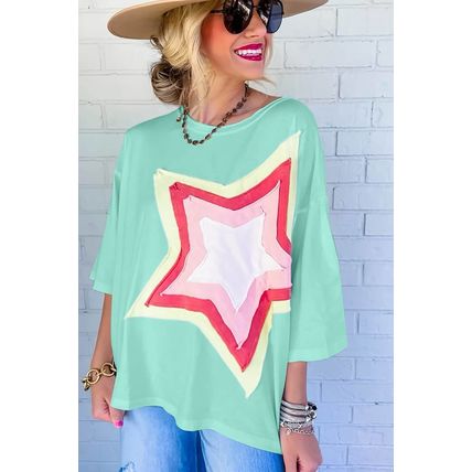 Moonlight Jade Colorblock Star Patched Half Sleeve Oversized Tee
