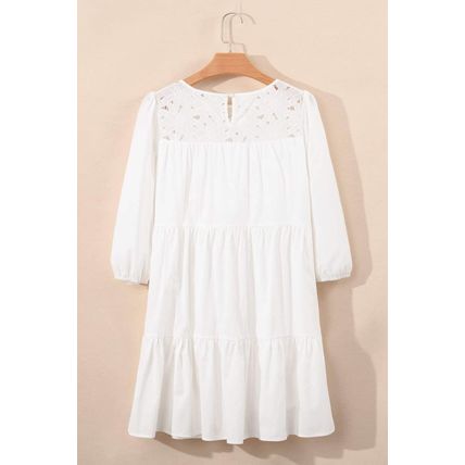 White Floral Lace Patchwork Bracelet Sleeve Tiered Mini Dress