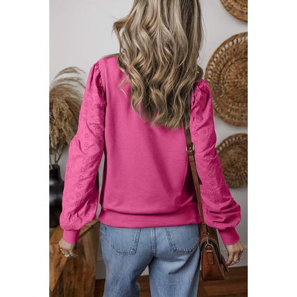Bright Pink Textured Patchwork Round Neck Sweatshirt