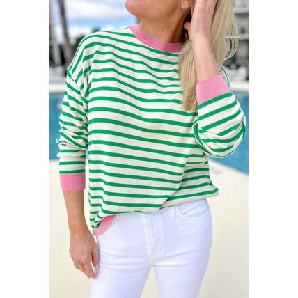 Bright Green Striped Contrast Edge Long Sleeve Top
