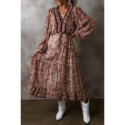 Brown Floral Print Split Front Tiered Frilled V Neck Midi Dress
