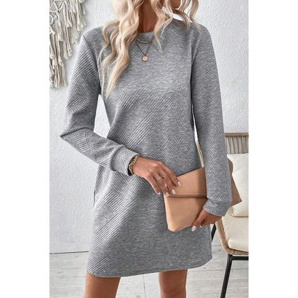 Gray Solid Color Textured Long Sleeve Shift Dress