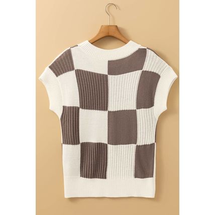 Khaki Checkered Color Block Crew Neck Short Sleeve Sweater