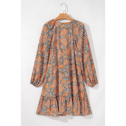 Orange Paisley Print Loose Fit Drawstring High Waist Mini Dress