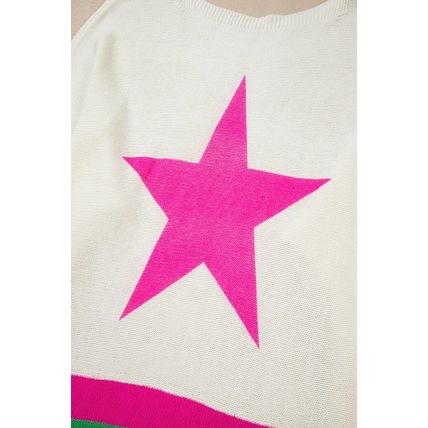 White Star Pattern Colorblock Striped Edge Drop Shoulder Sweater