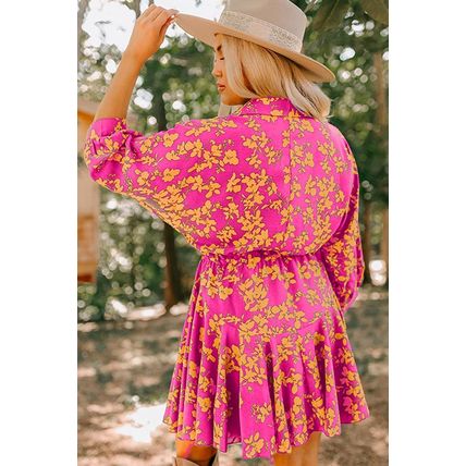 Pink Floral Print Drawstring Tunic Flowy Short Dress