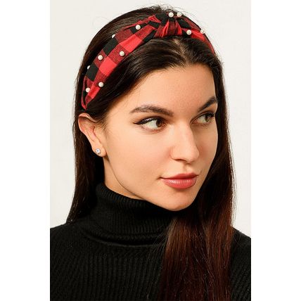 Red Dahlia Pearl Decor Christmas Plaid Knotted Headband