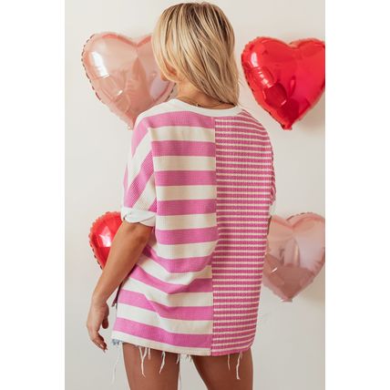 Pink Stripe Patchwork Textured Short Sleeve High Low Loose Top