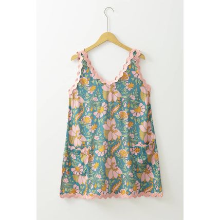 Sky Blue Floral Ricrac Trim V Neck Shift Mini Tank Dress