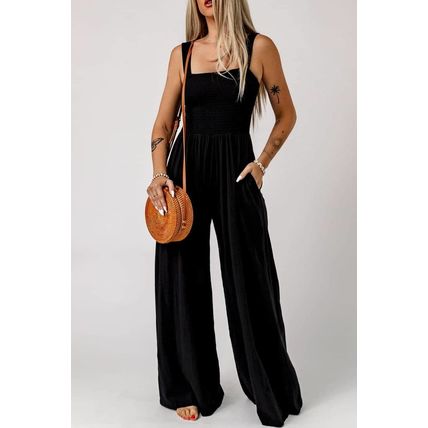 Black Smocked Sleeveless Wide Leg Jumpsuit with Pockets