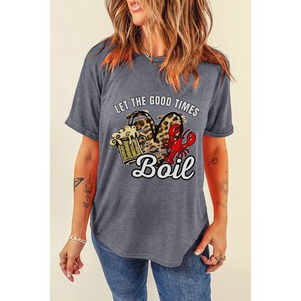 Gray Let The Good Times Boil Crawfish Leopard Heart Graphic Tee