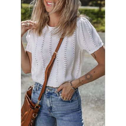 White Pointelle Knit Short Puff Sleeve Crewneck Sweater