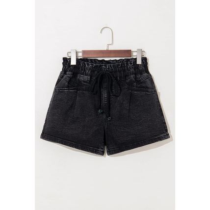 Black Drawstring High Waist Casual Denim Shorts with Pockets