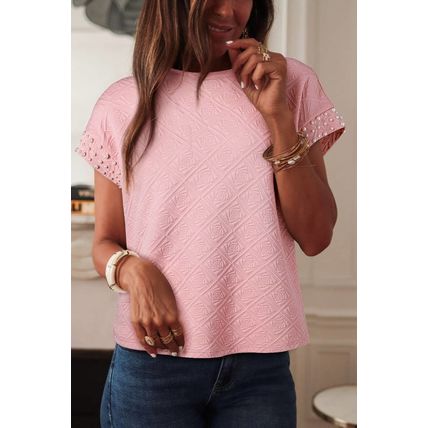 Light Pink Pearl Embellished Flower Textured T Shirt