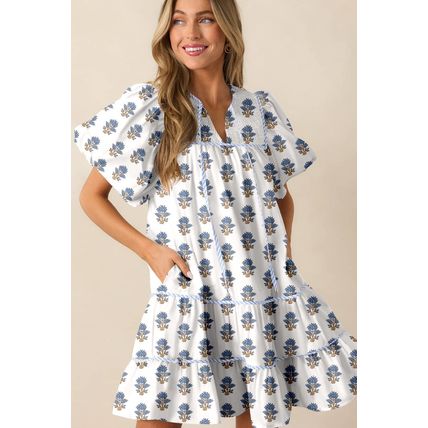 Sky Blue Floral Puff Sleeve Tied Neck Pocketed Mini Dress