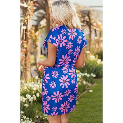Purple Floral Striped Quarter Zip Cap Sleeve Drawstring Waist Mini Dress