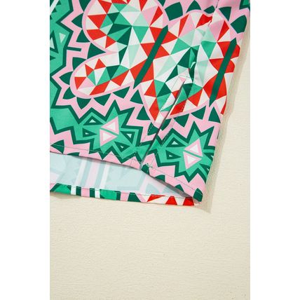 Sea Green Boho Abstract Print Contrast Striped Collared V Neck Blouse