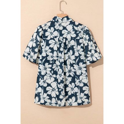 Blue Floral Short Puff Sleeve Summer Shirt