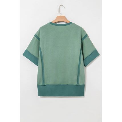 Smoke Green Half Sleeve Raw Seam High Low Side Split Top