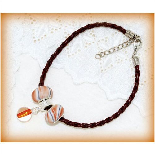 Woven Braided Bracelet Brown Marble Ball Charm European Bead Jewellery 1320