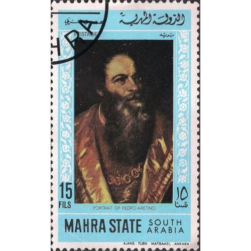 MAHRA, SOUTH ARABIA, Portrait of Pedro Aretino, blue 1968, 14fils