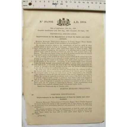 1894 Patent No. 20,003 manufacture food for cattle, Burton Rd. Philipson, Dublin