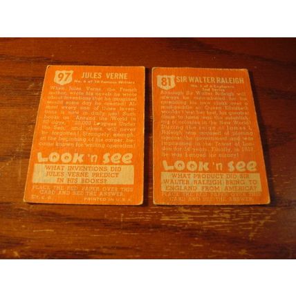 1952 Topps, Look n See, 2-cards, JULES VERNE/SIR WALTER RALEIGH