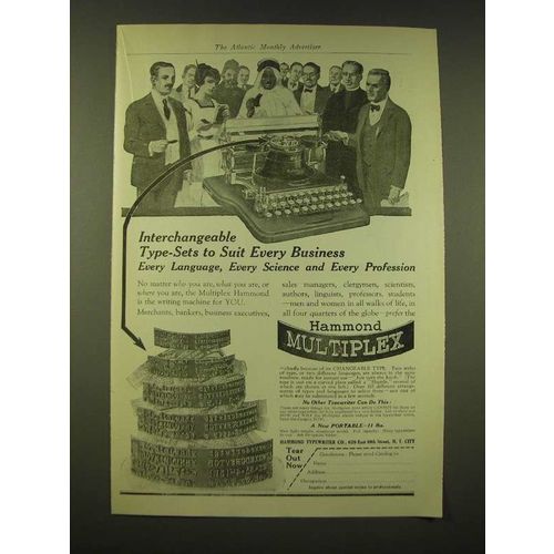 1918 Hammond Multiplex Typewiter Ad - Interchangeable type-sets to suit