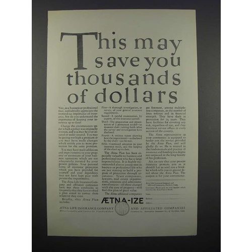 1925 Aetna Life Insurance Ad - Save You Thousands